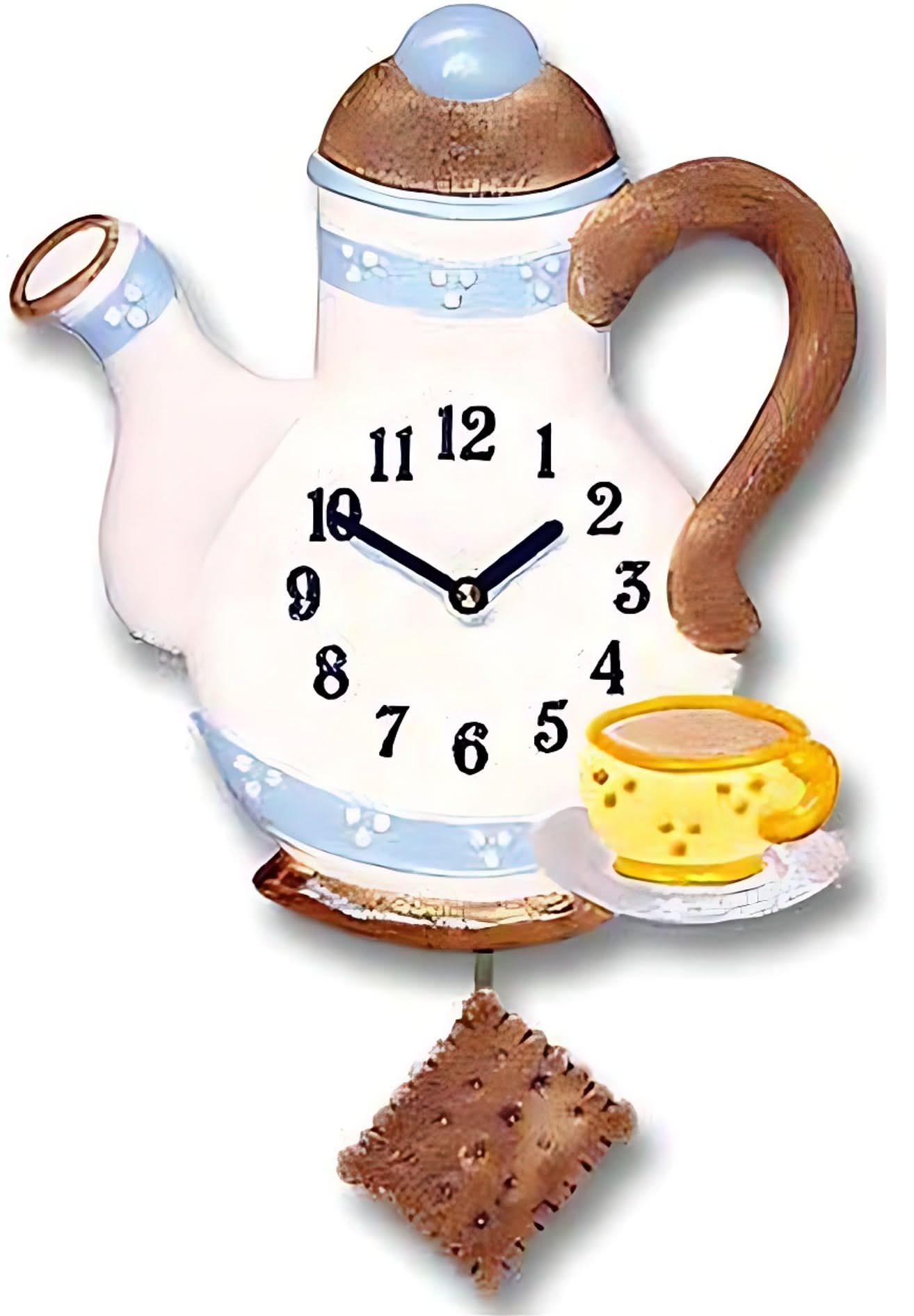 Reloj de péndulo con forma de tetera: blanco y azul, asas marrones, esfera con números negros
