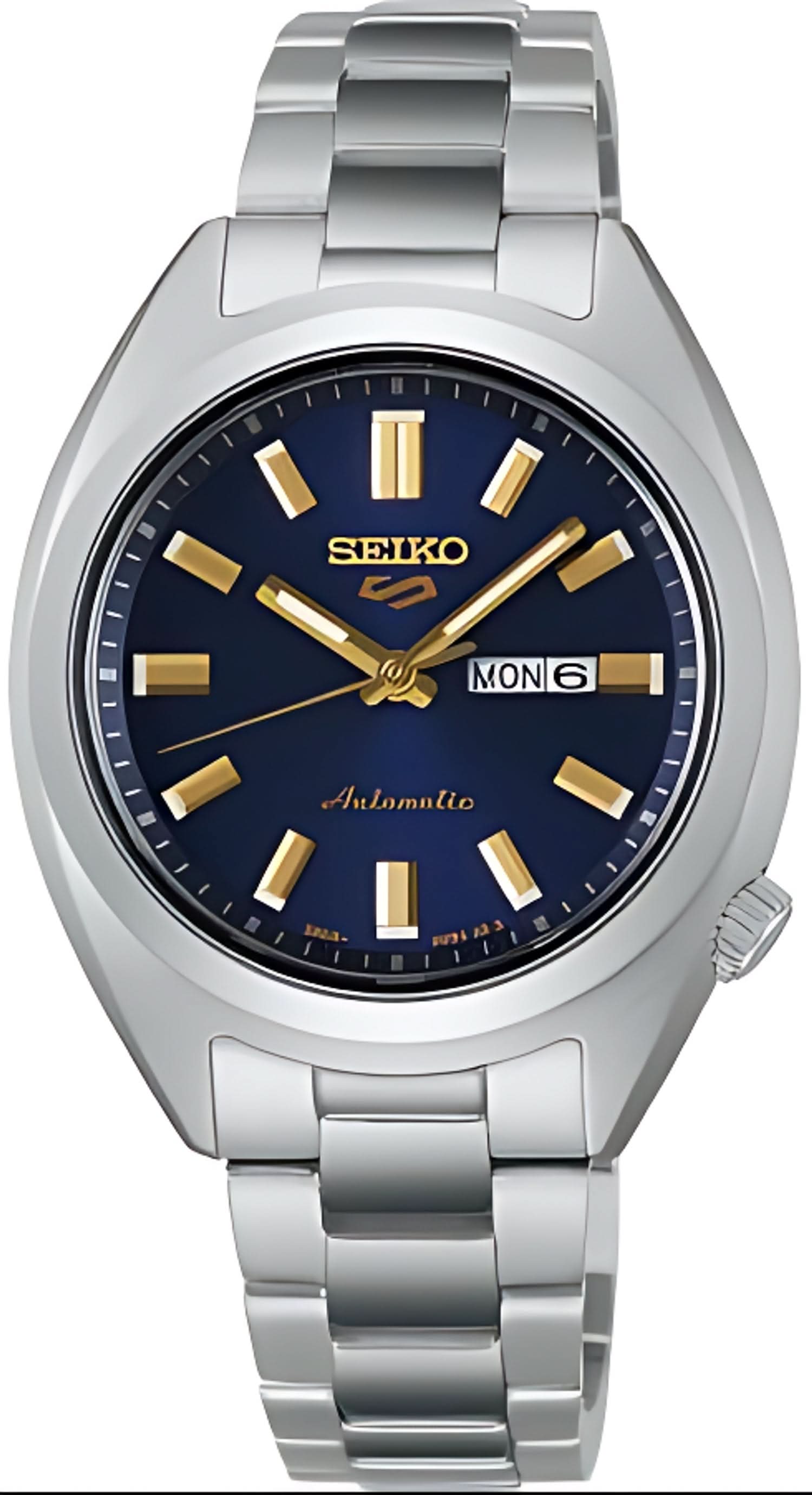 "Reloj de mujer con esfera azul oscuro, índices dorados y brazalete de acero inoxidable"