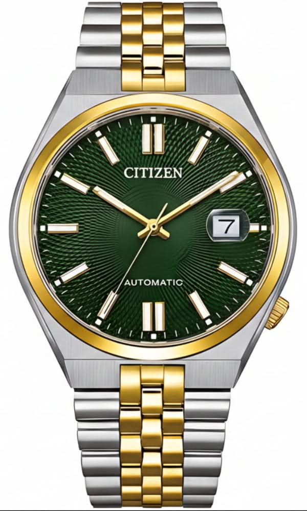 Pulsera de hombre con esfera verde y correa de acero inoxidable plateado y dorado