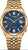 Reloj de hombre: pulsera de acero inoxidable en tono dorado, esfera azul, fecha a las 7