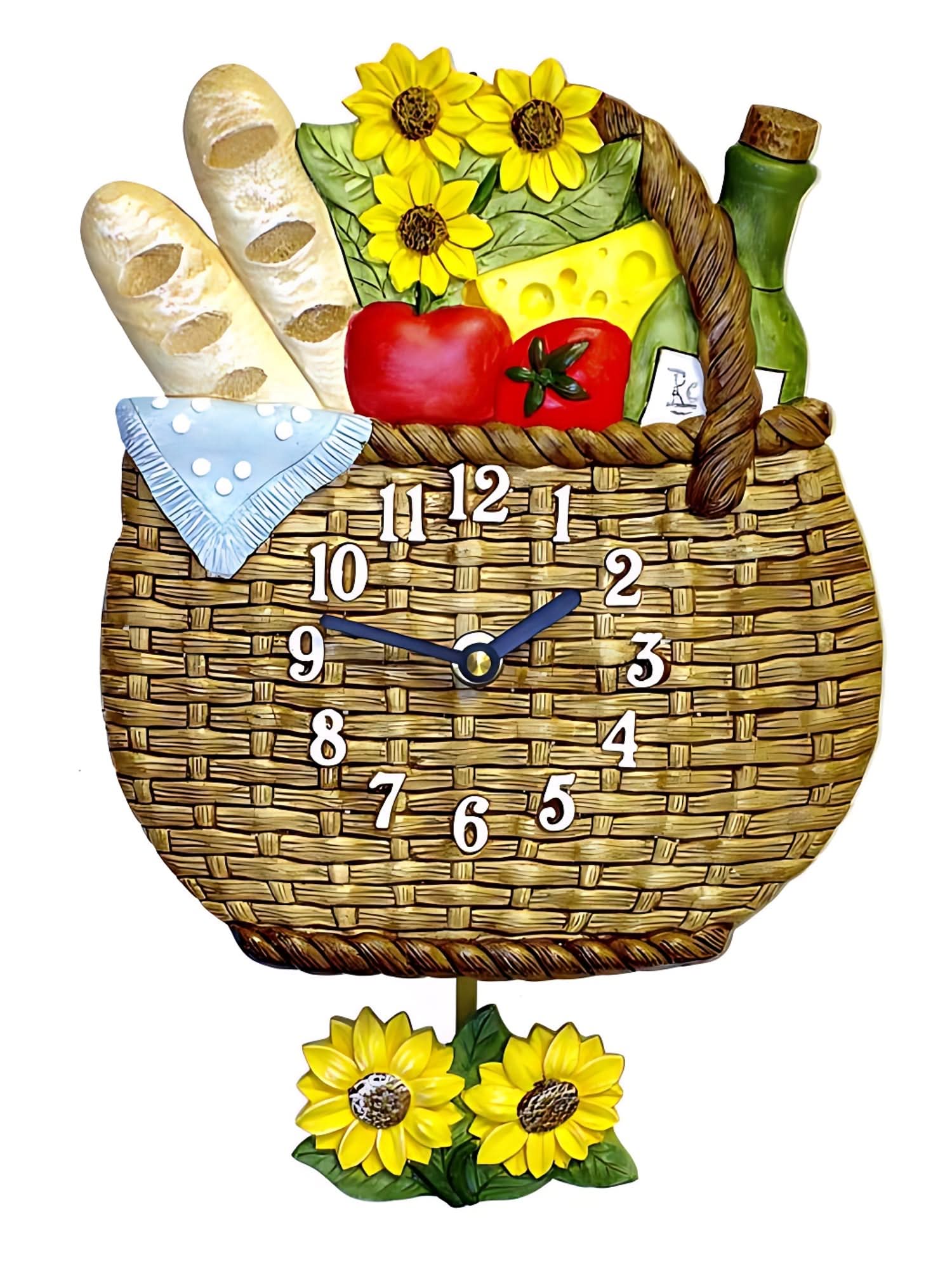 "Reloj de pared de cerámica con números romanos en forma de cesta, decorado con flores y frutas"
