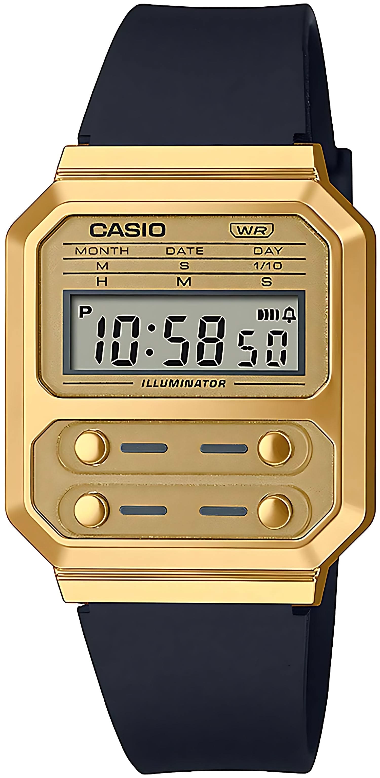 Reloj digital retro Casio con caja dorada y correa negra, pantalla rectangular