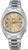 "Reloj de mujer con brazalete de acero inoxidable, esfera beige, manecillas doradas y visualización de fecha"
