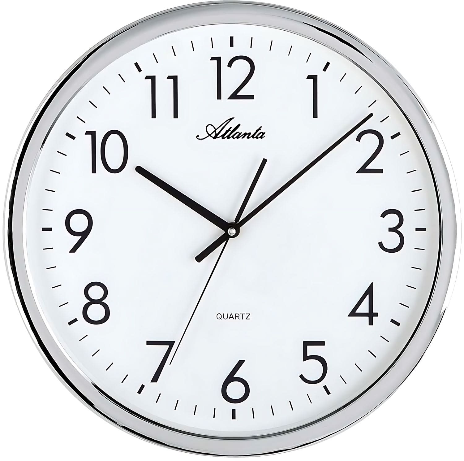 Reloj de pared Atlanta con esfera blanca, manecillas y números negros, carcasa de plástico