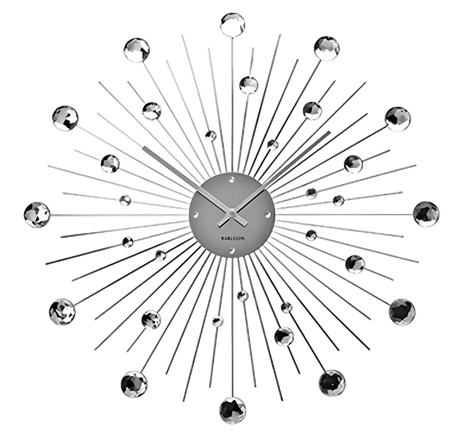 Reloj de pared con esfera redonda, anillo de rayos y bolas plateadas