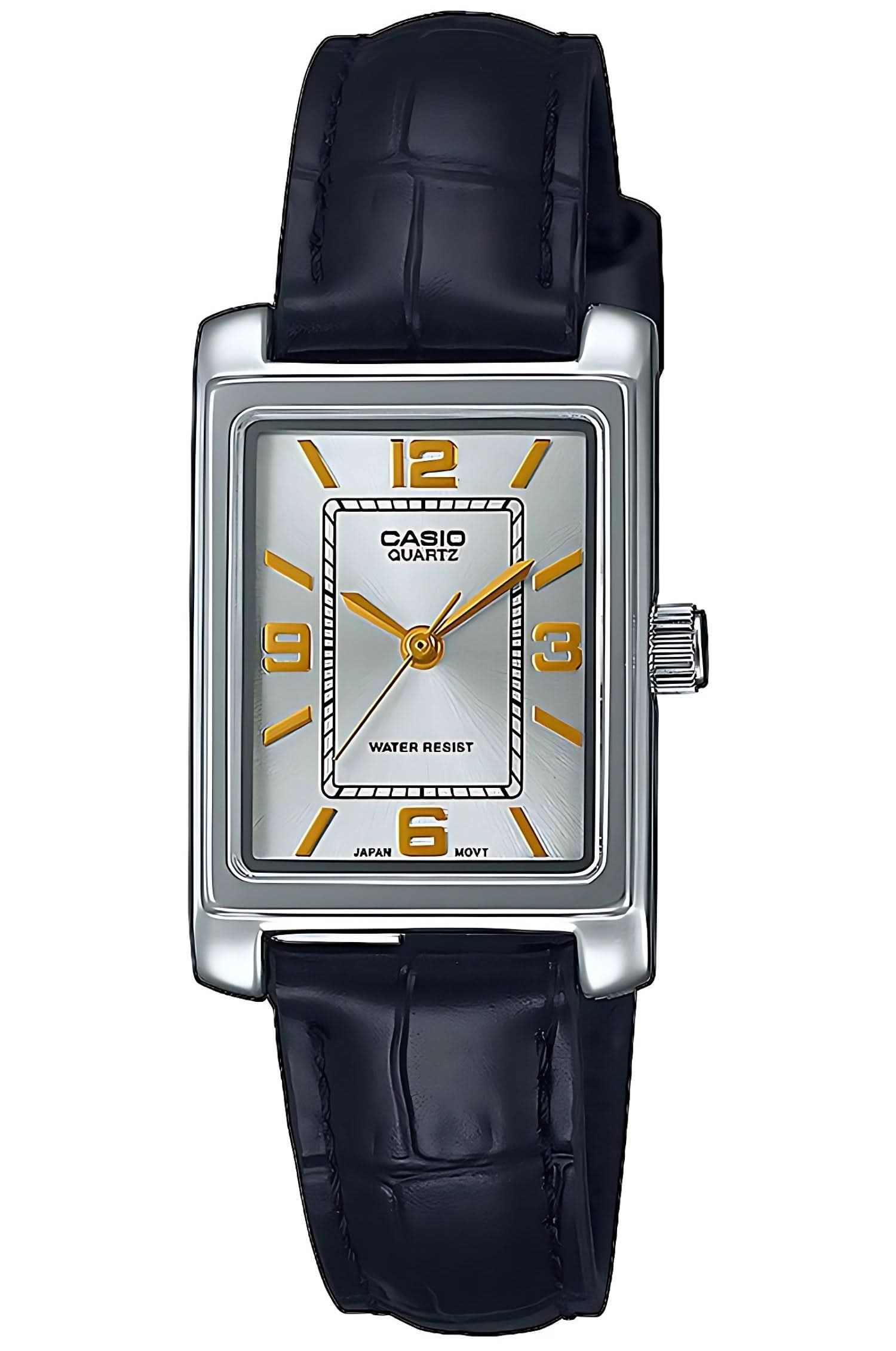 Reloj de mujer con caja rectangular plateada y correa de cuero azul oscuro, números amarillos
