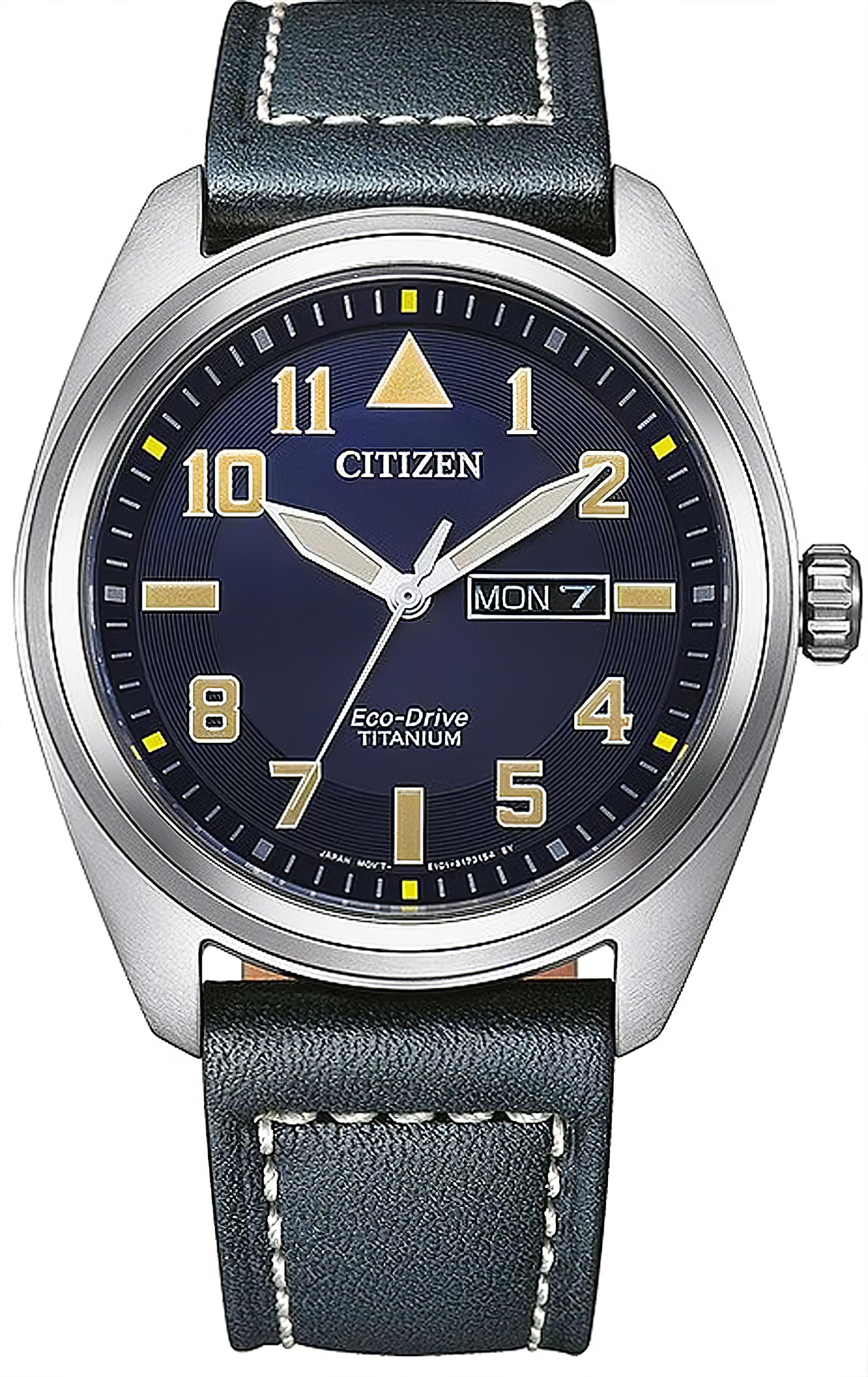 Citizen Herrenuhr mit rundem Metallgehäuse, blauem Zifferblatt und dunkelblauem Lederband
