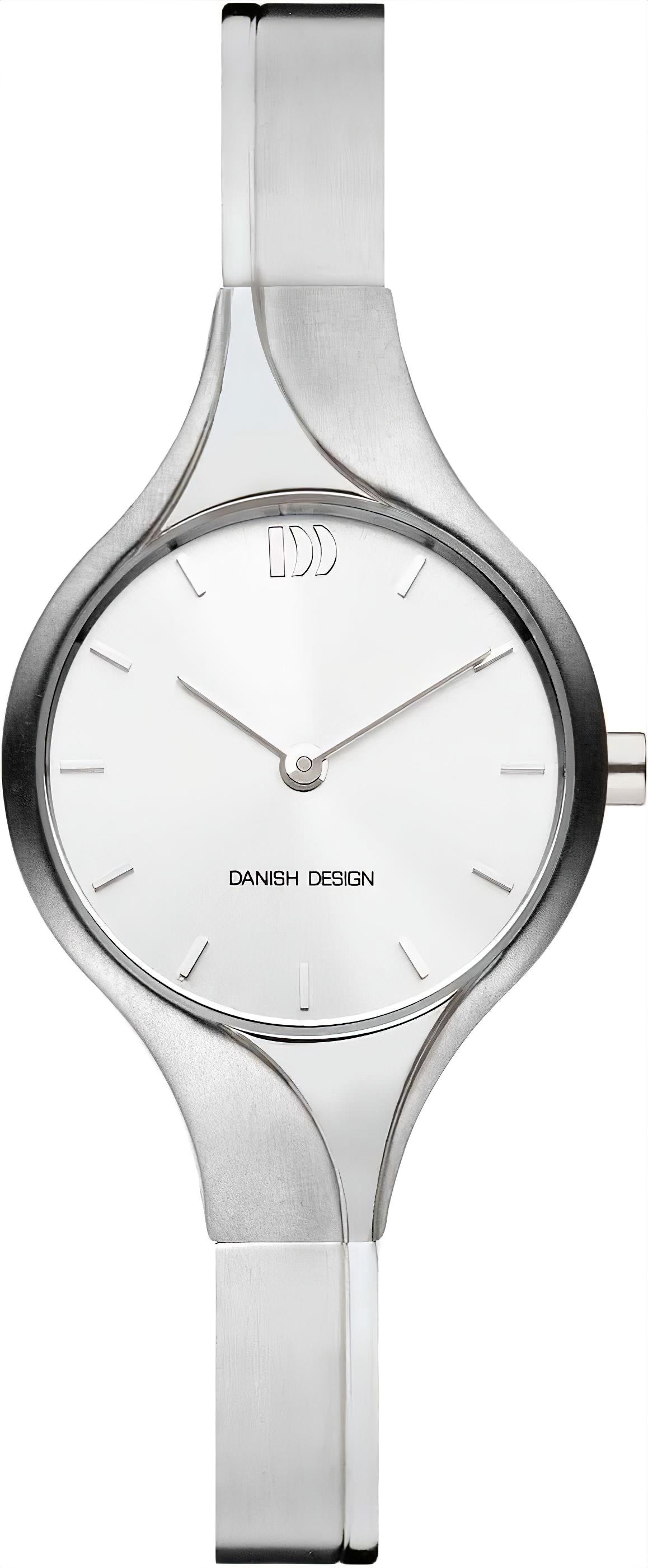 Damenuhr mit silbernem Metallarmband, rundem Gehäuse und weißem Zifferblatt, minimaler Zeitanzeige