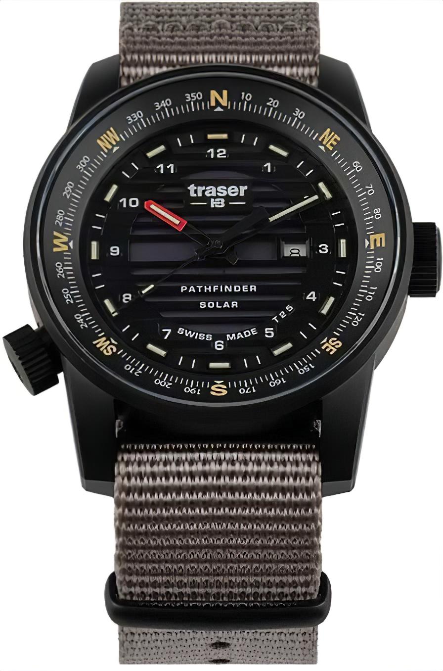 Herrenarmbanduhr mit schwarzem Zifferblatt, grauem Stoffarmband und Tritium-Leuchtanzeigen