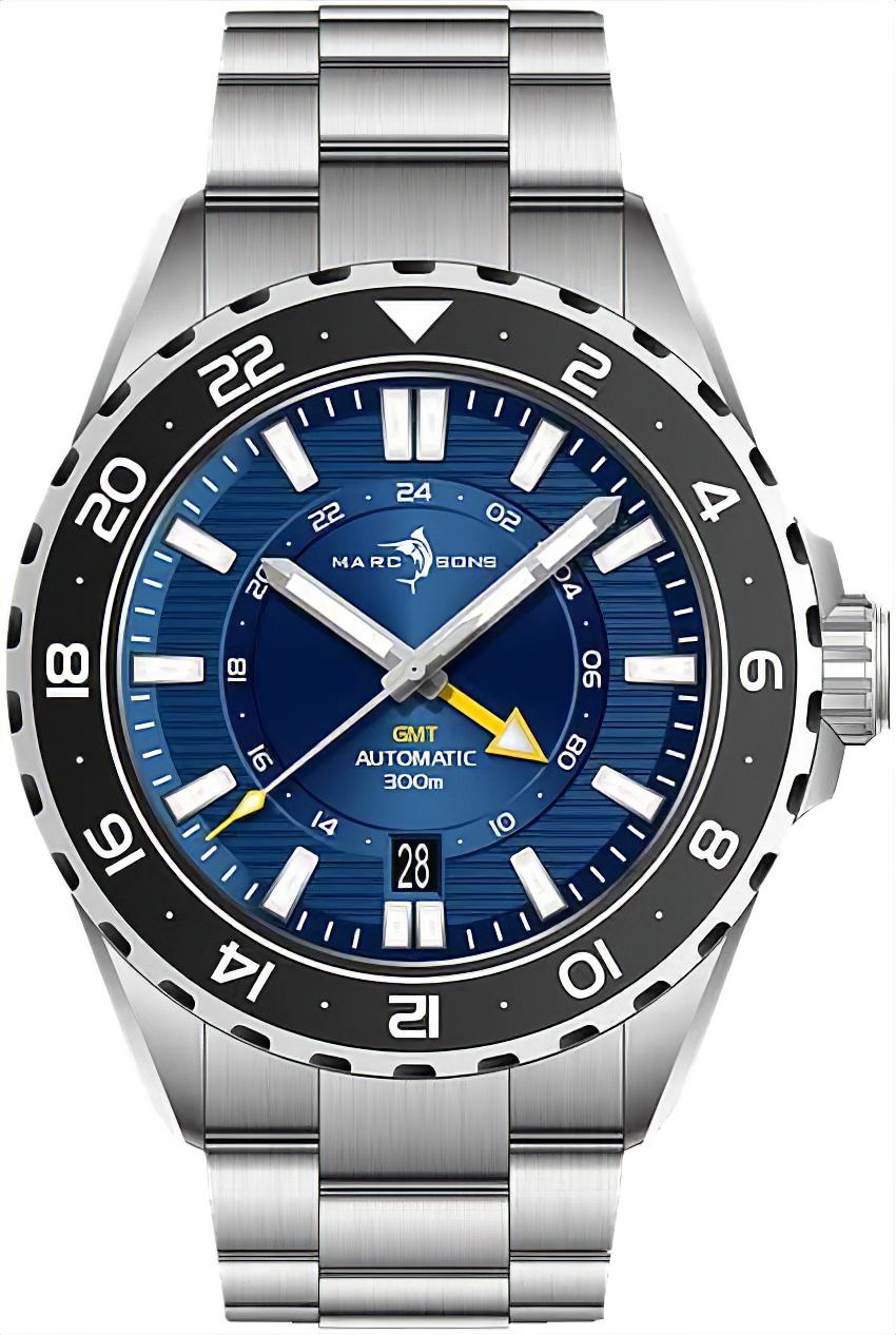 Herrenuhr mit Edelstahlarmband, blauem Zifferblatt und schwarzer GMT-Lünette