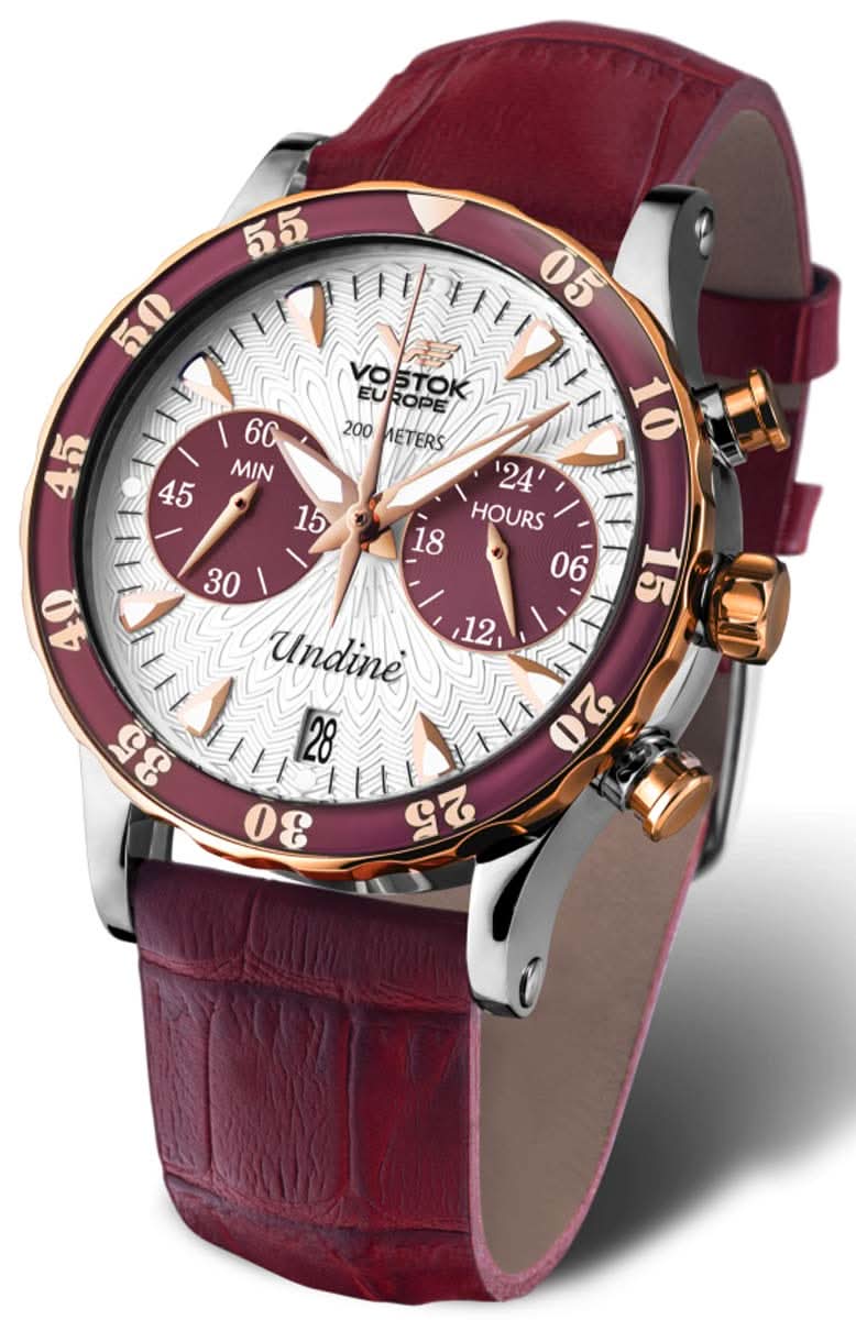Reloj Vostok Europe para mujer Undine con correa de cuero burdeos y esfera blanca