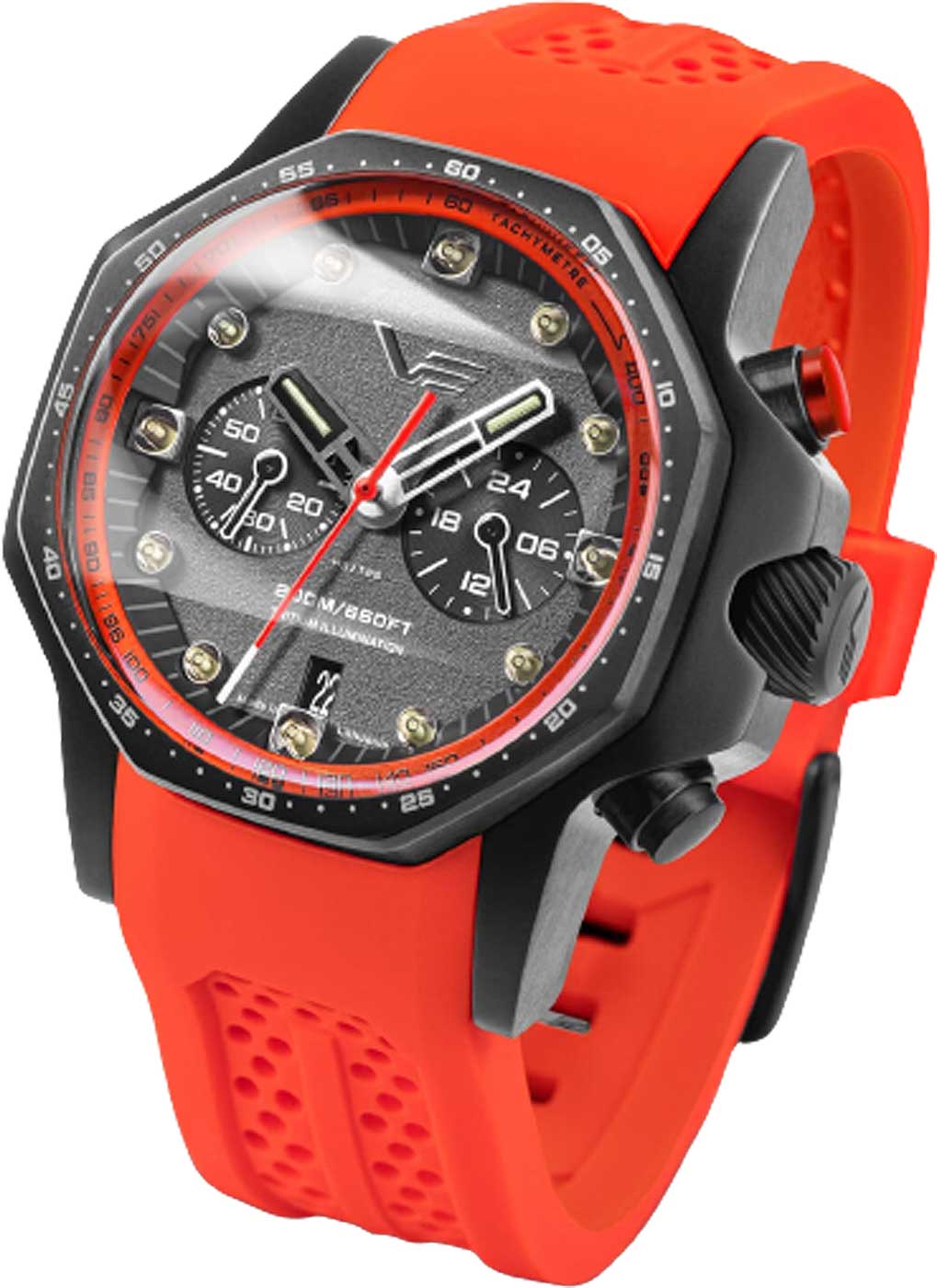 Reloj de hombre con caja negra, correa de silicona naranja y esfera gris