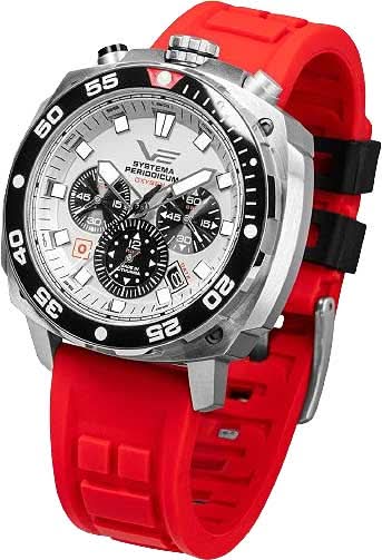 Reloj de hombre con correa de silicona roja, caja plateada y bisel negro, esfera cronógrafo