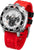 Reloj de hombre con correa de silicona roja, caja plateada y bisel negro, esfera cronógrafo