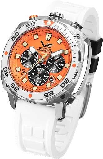 Reloj de hombre con caja plateada, esfera naranja y correa de caucho beige