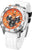 Reloj de hombre con caja plateada, esfera naranja y correa de caucho beige
