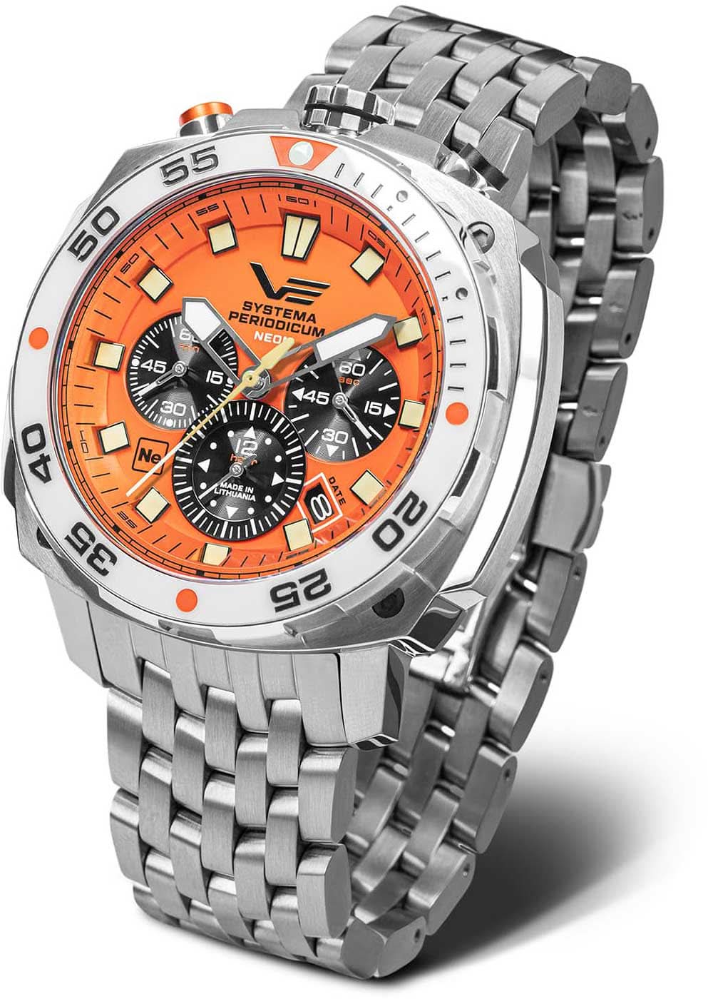 Pulsera de acero inoxidable plateado para hombre con esfera naranja y aspecto de cronómetro