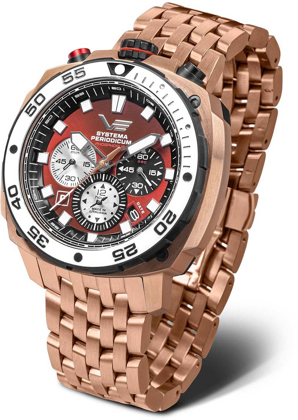 Pulsera de hombre con brazalete de metal en tono oro rosa, caja redonda y esfera roja