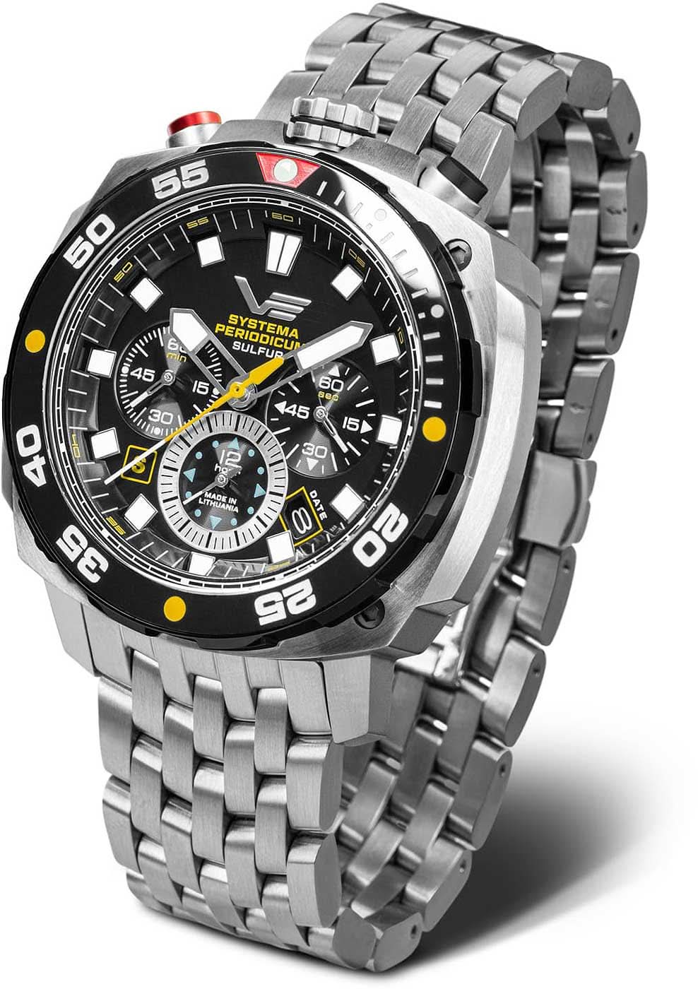 Pulsera de acero inoxidable para hombre con esfera negra y detalles en amarillo
