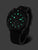 Pulsera para hombre con marcadores verdes de brillo oscuro en esfera negra, correa negra