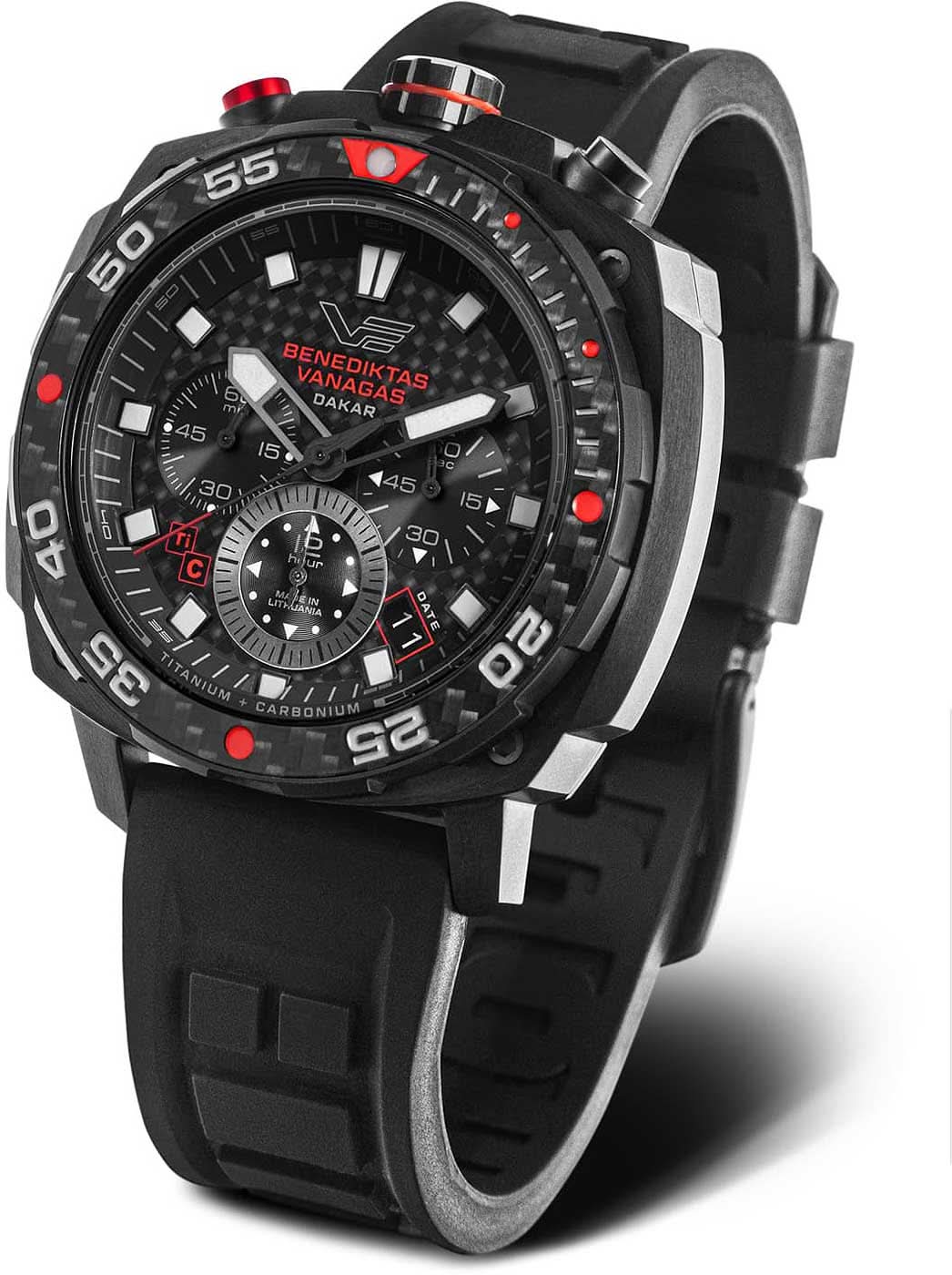 Reloj de pulsera para hombre: esfera negra, cronógrafo, detalles en rojo, correa de caucho negra