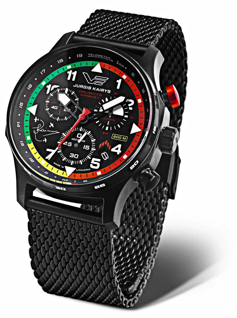Pulsera de hombre con correa de malla negra y esfera multicolor, caja redonda