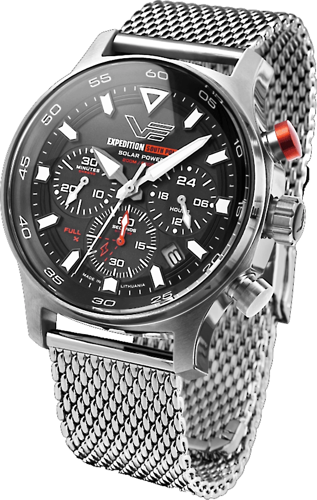 Reloj solar para hombre: esfera negra, correa de acero inoxidable plateado, caja metálica