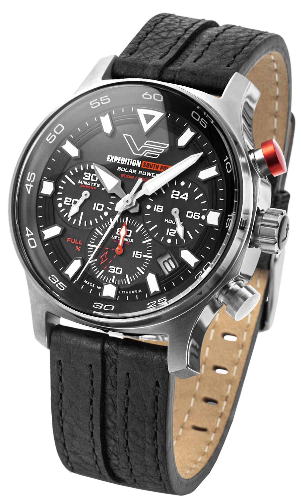 Pulsera de hombre con esfera negra, caja de acero inoxidable y correa de cuero negra