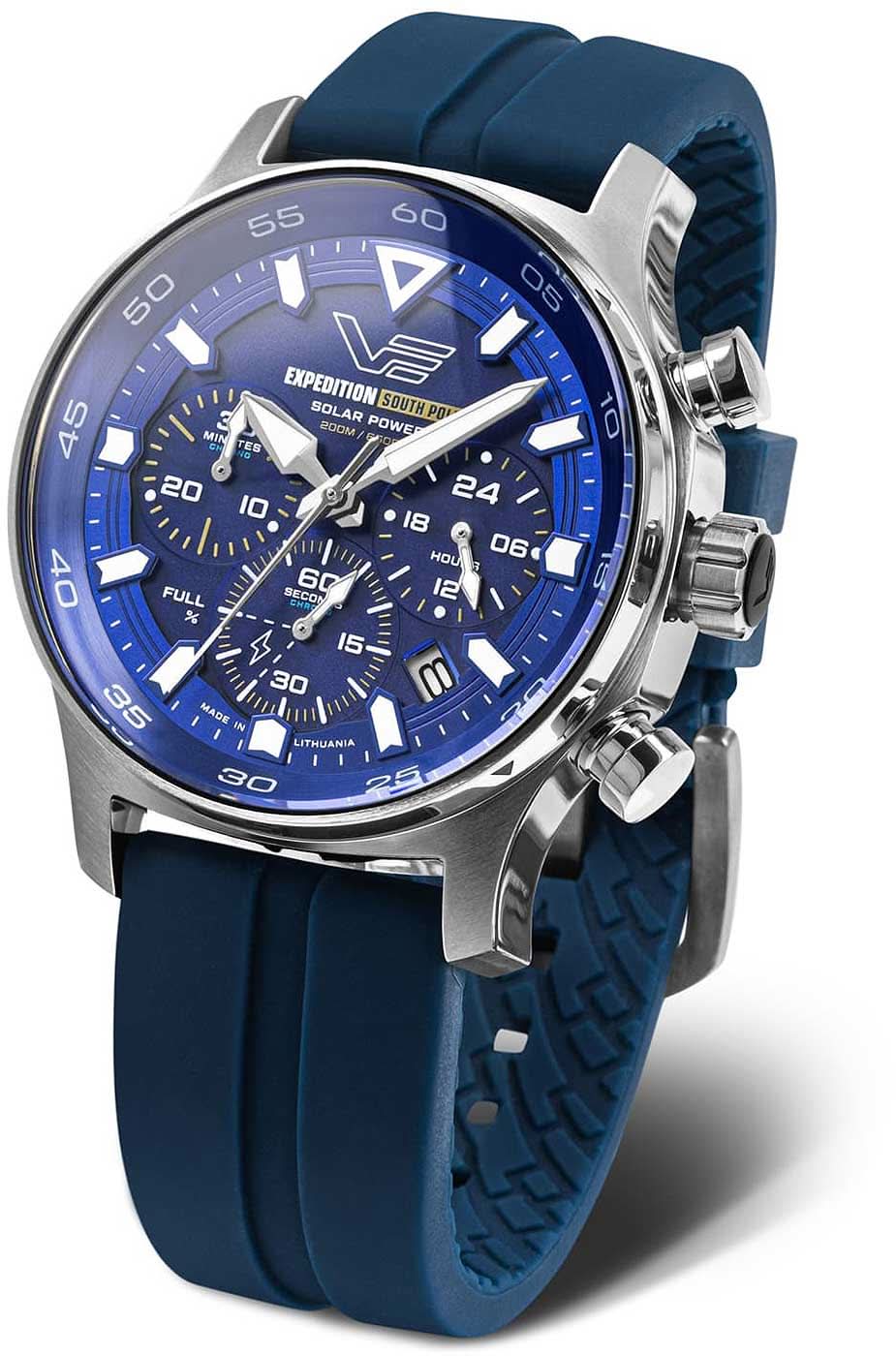 Pulsera para hombre con esfera azul, indicador solar y correa de silicona azul
