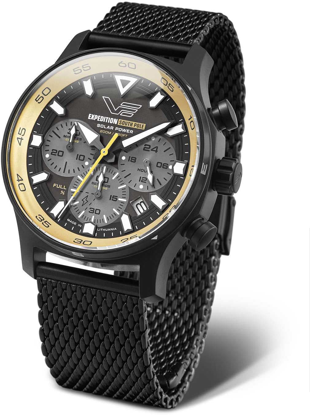 Reloj de hombre con correa de malla negra e indicadores de cronógrafo