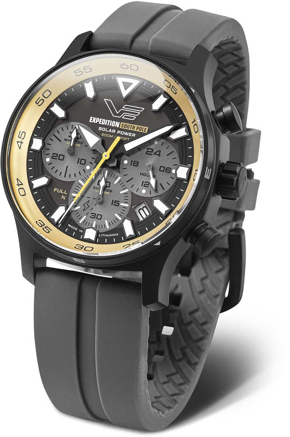 Reloj solar para hombre con esfera negra, subesferas y correa de caucho negra