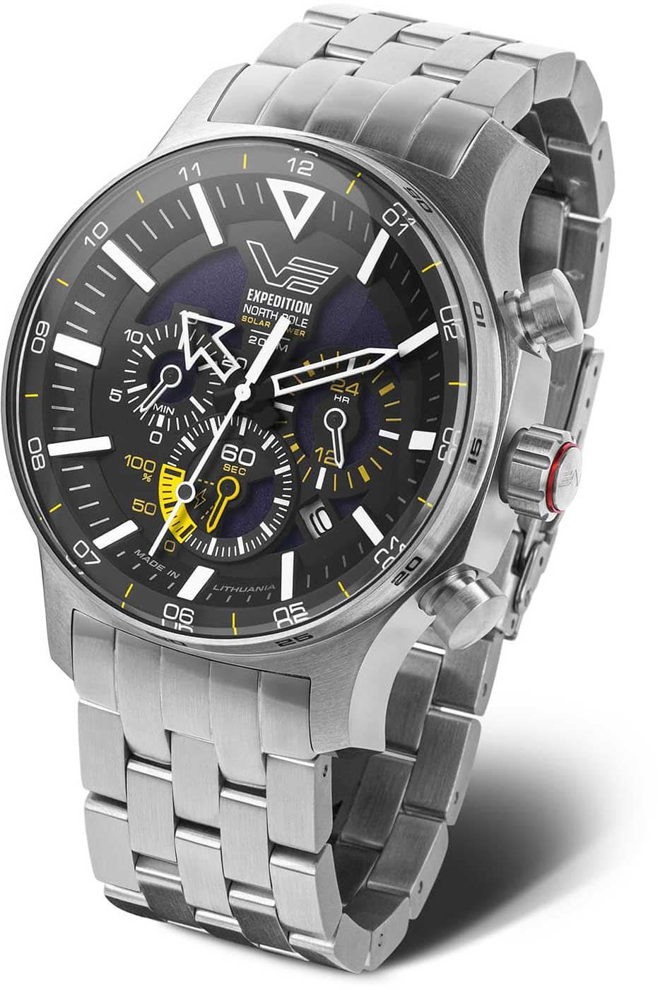 Reloj de pulsera Vostok Europe para hombre, correa de metal, esfera oscura con subesferas de cronógrafo