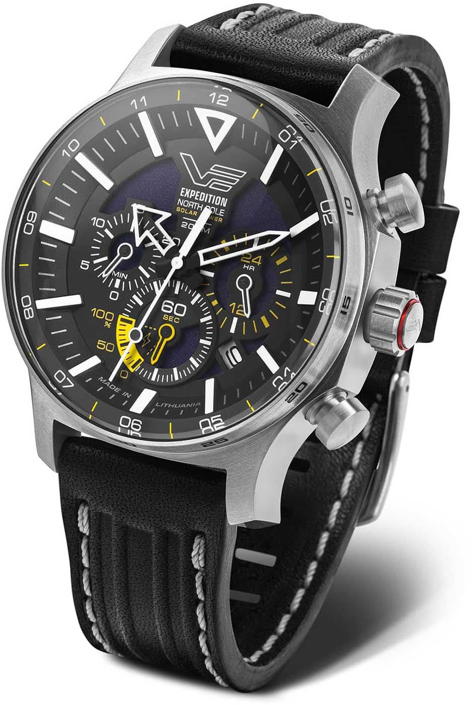 Reloj de hombre: correa de cuero negra, esfera negra, diseño de cronógrafo