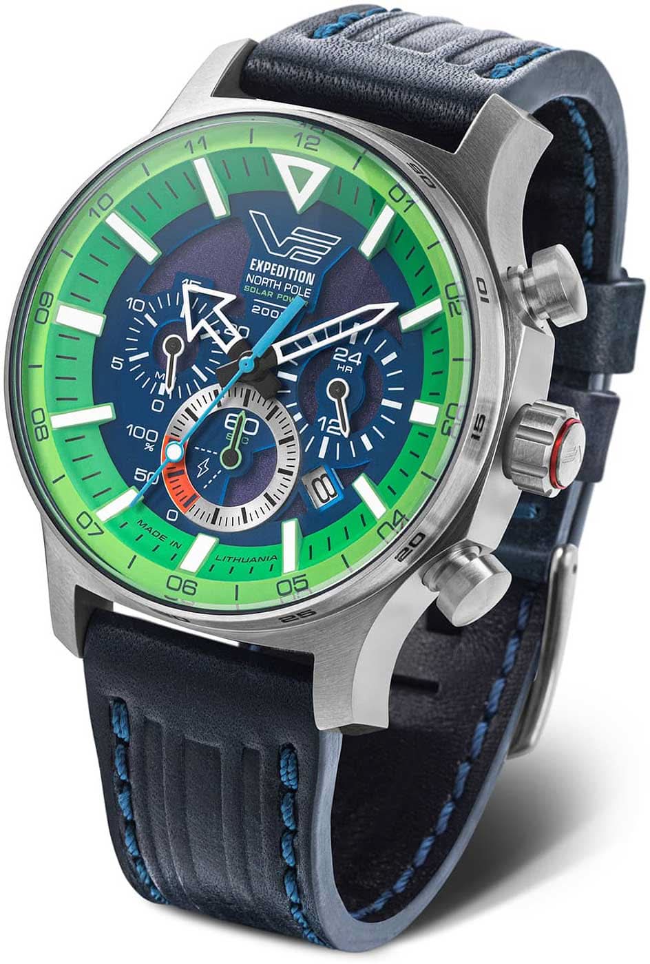 Reloj para hombre con correa de cuero azul, esfera verde y caja plateada
