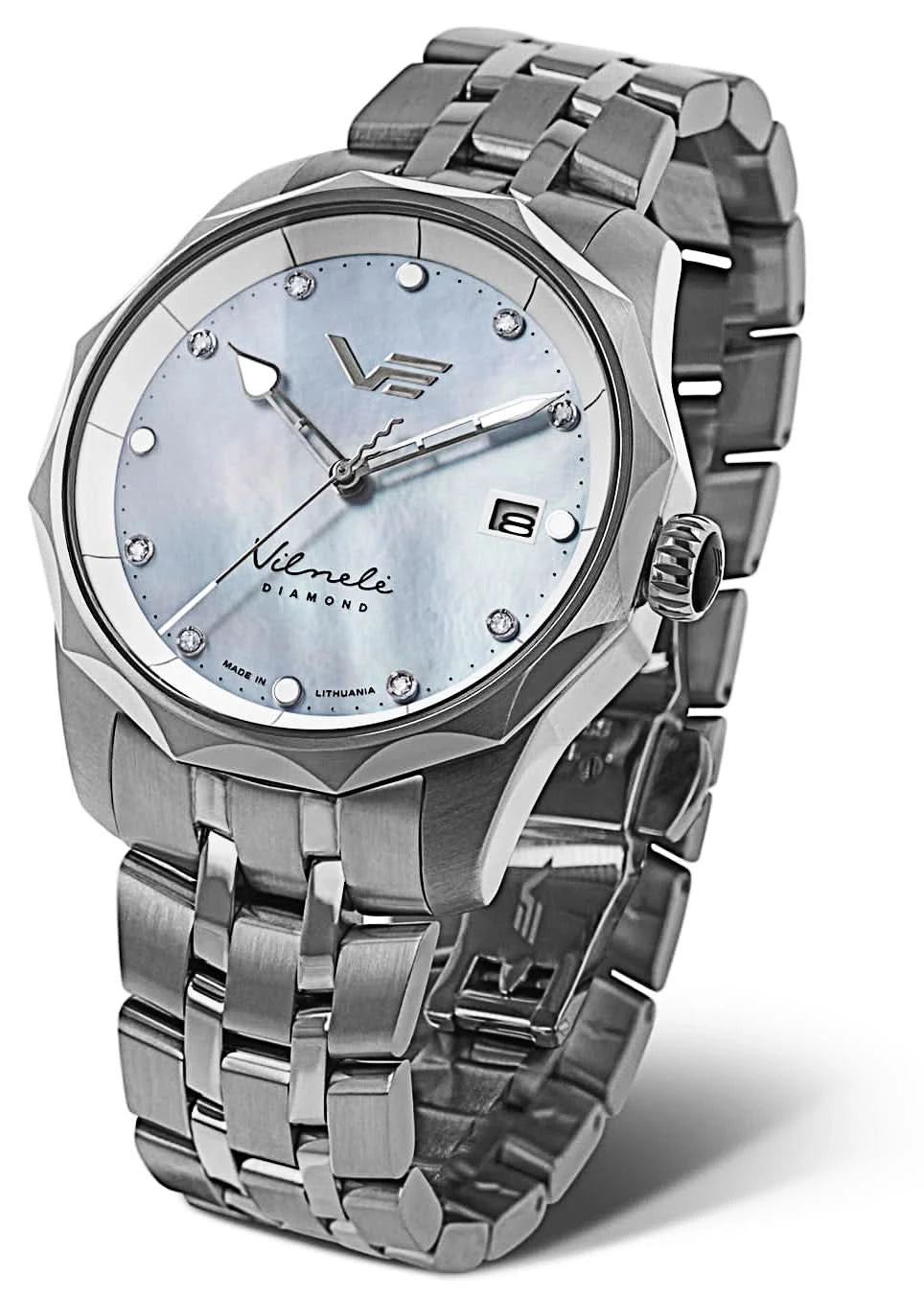 Reloj de mujer con brazalete de acero inoxidable plateado y esfera clara con índices de diamante