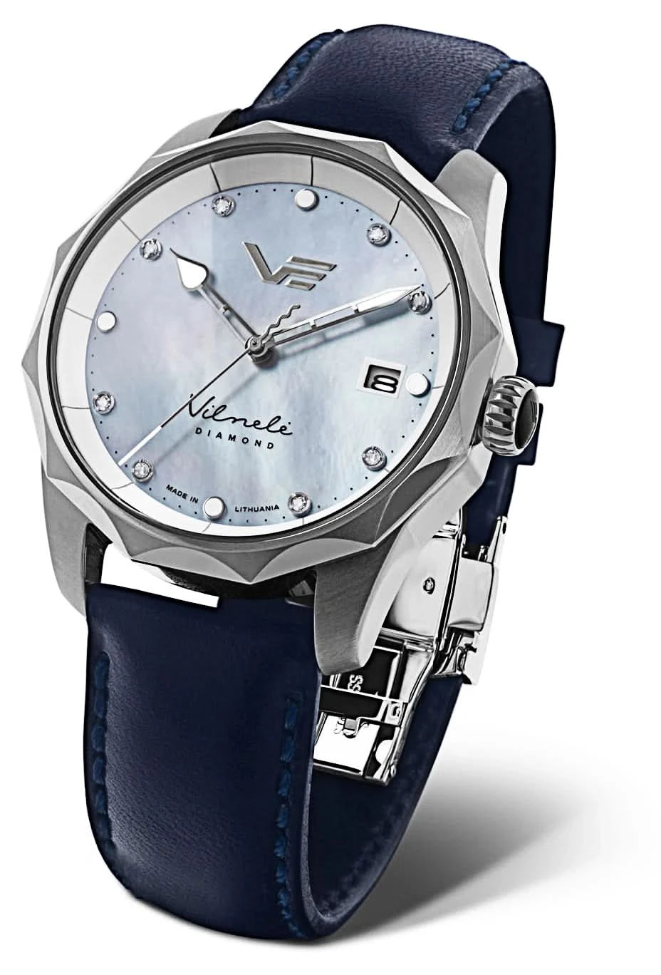 "Reloj de mujer con correa de cuero azul, caja plateada y esfera clara"
