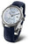"Reloj de mujer con correa de cuero azul, caja plateada y esfera clara"
