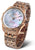 "Reloj de mujer con brazalete de acero inoxidable en tono dorado y esfera azul, visualización de fecha."