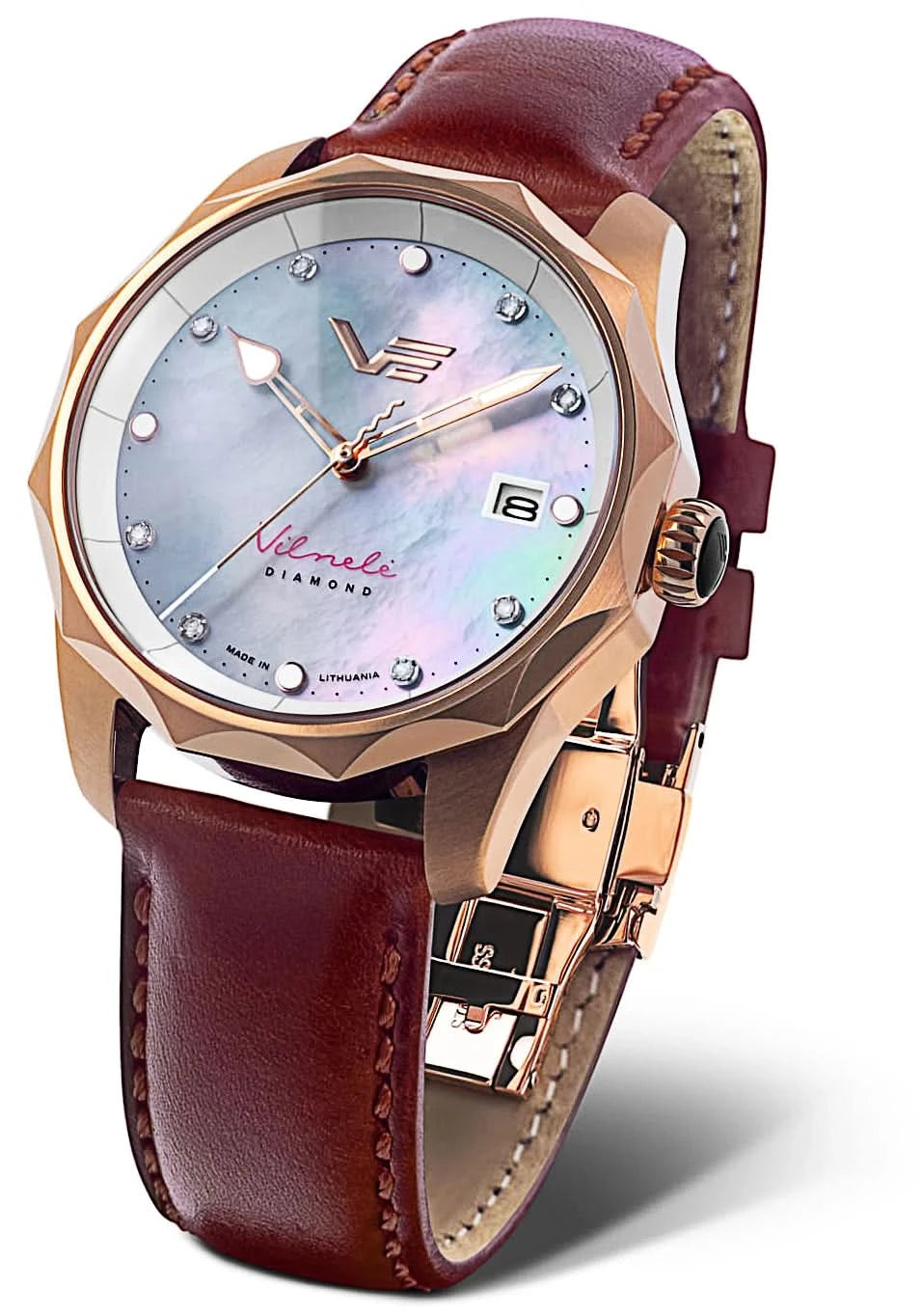 Reloj de mujer con caja redonda en tono oro rosa, esfera plateada y correa de piel marrón