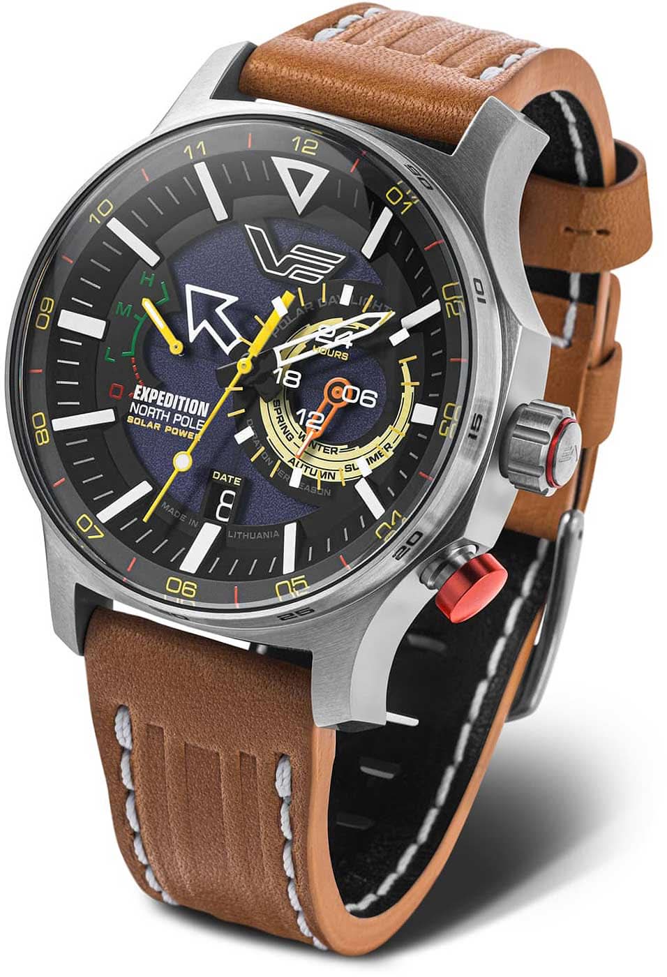 Pulsera para hombre: correa de cuero marrón, esfera negra, caja de acero inoxidable