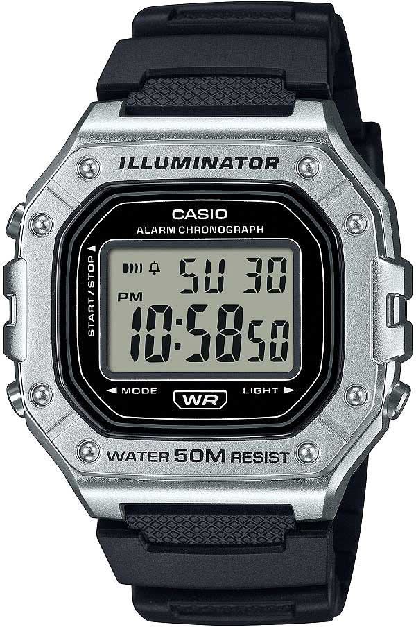 Reloj de hombre con pantalla LED digital, caja plateada y correa de plástico negra.