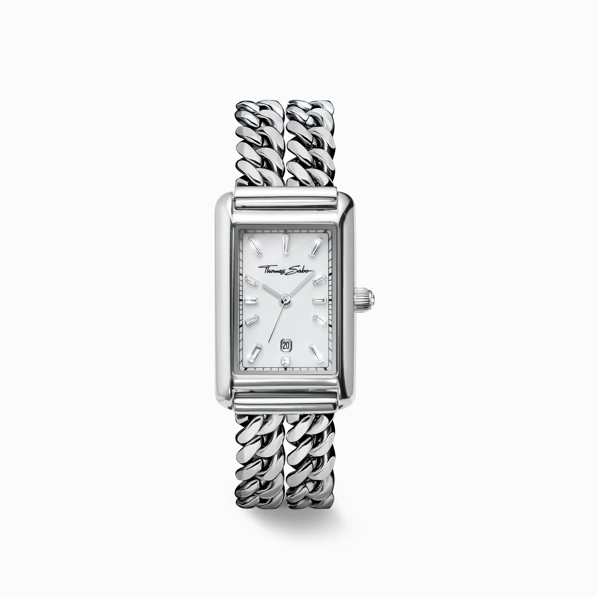 "Reloj de mujer con esfera blanca, índices de bastón y pulsera de cadena de acero inoxidable"