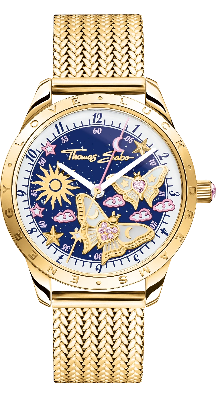 Reloj de cuarzo para mujer con cadena de malla dorada y caja redonda, esfera azul
