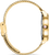 "Reloj de cuarzo para mujer, lateral dorado con corona y piedra rosa en el bisel"