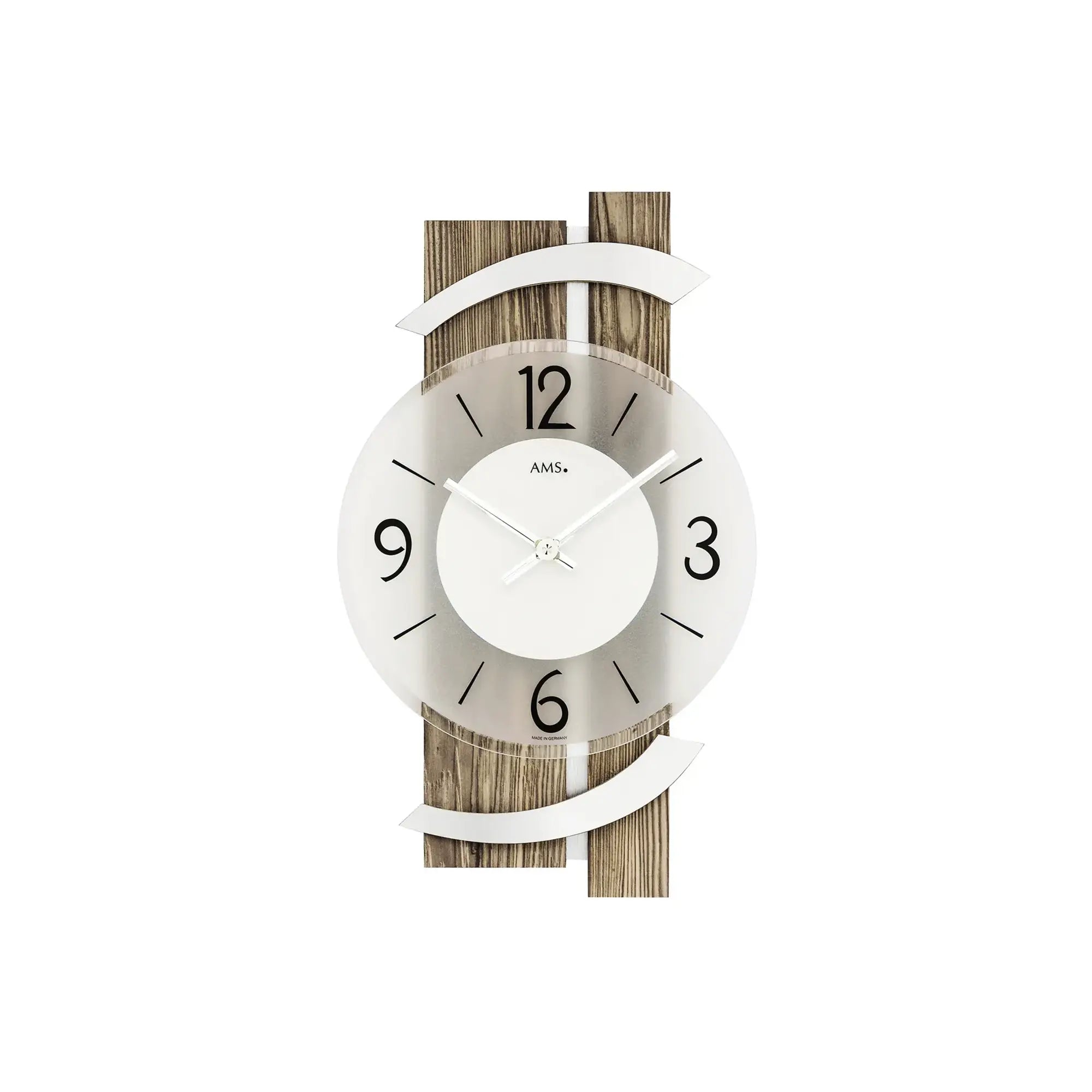 Wanduhr mit Holzrahmen, Aluminiumakzenten und facettiertem Mineralglas, weißes Zifferblatt