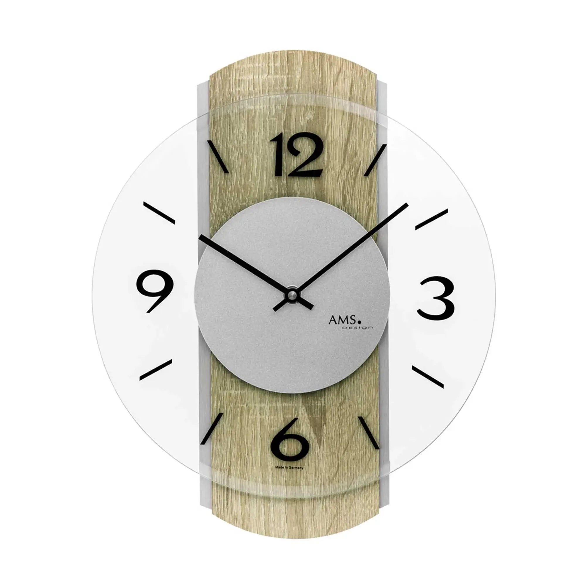 Wanduhr mit Sonoma-Eiche-Gehäuse, hellgrauem Zifferblatt, schwarzen Zeigern und arabischen Zahlen