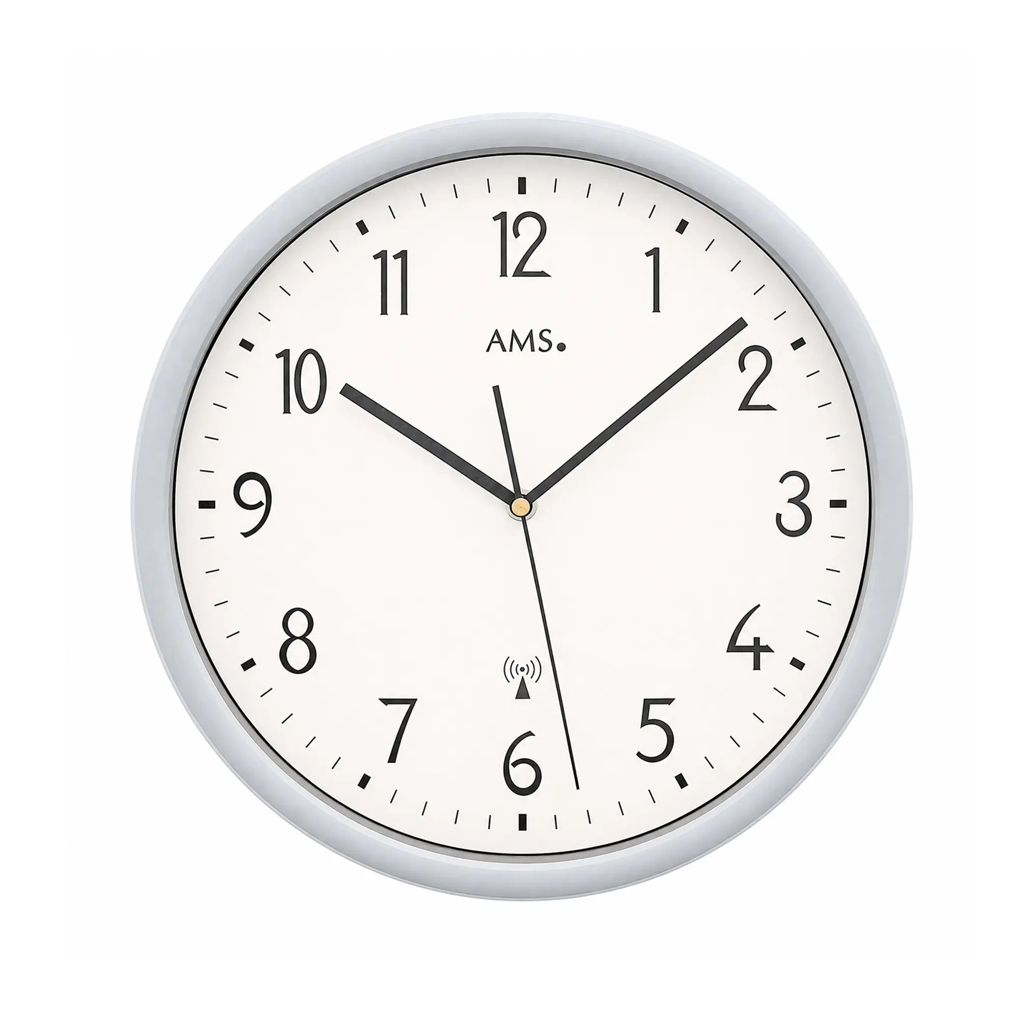 Funkuhr-Wanduhr mit weißem Zifferblatt und silbernem Rahmen, 30 cm