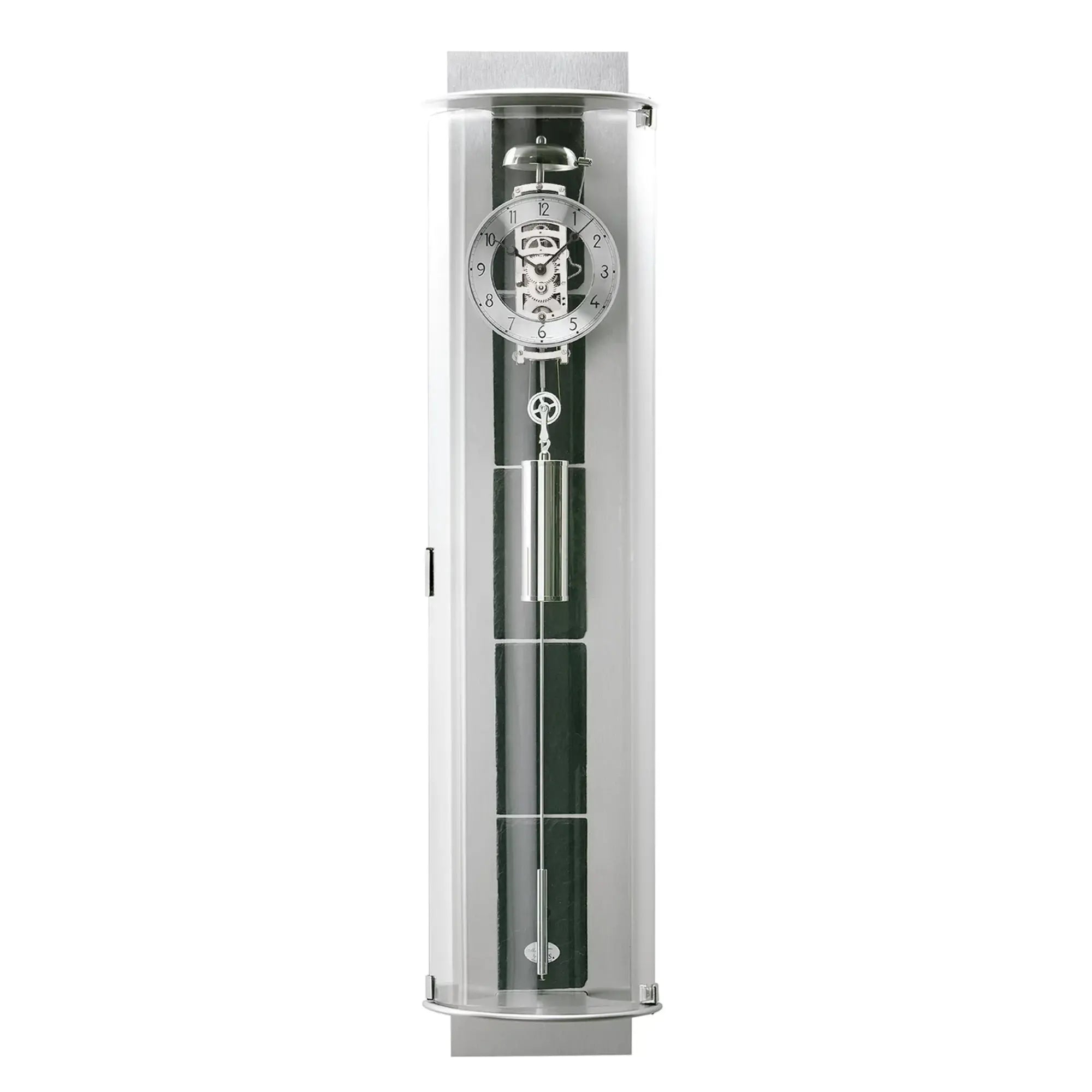 Väggklocka i transparent cylinder med mekaniskt urverk och inslag av grön skiffer