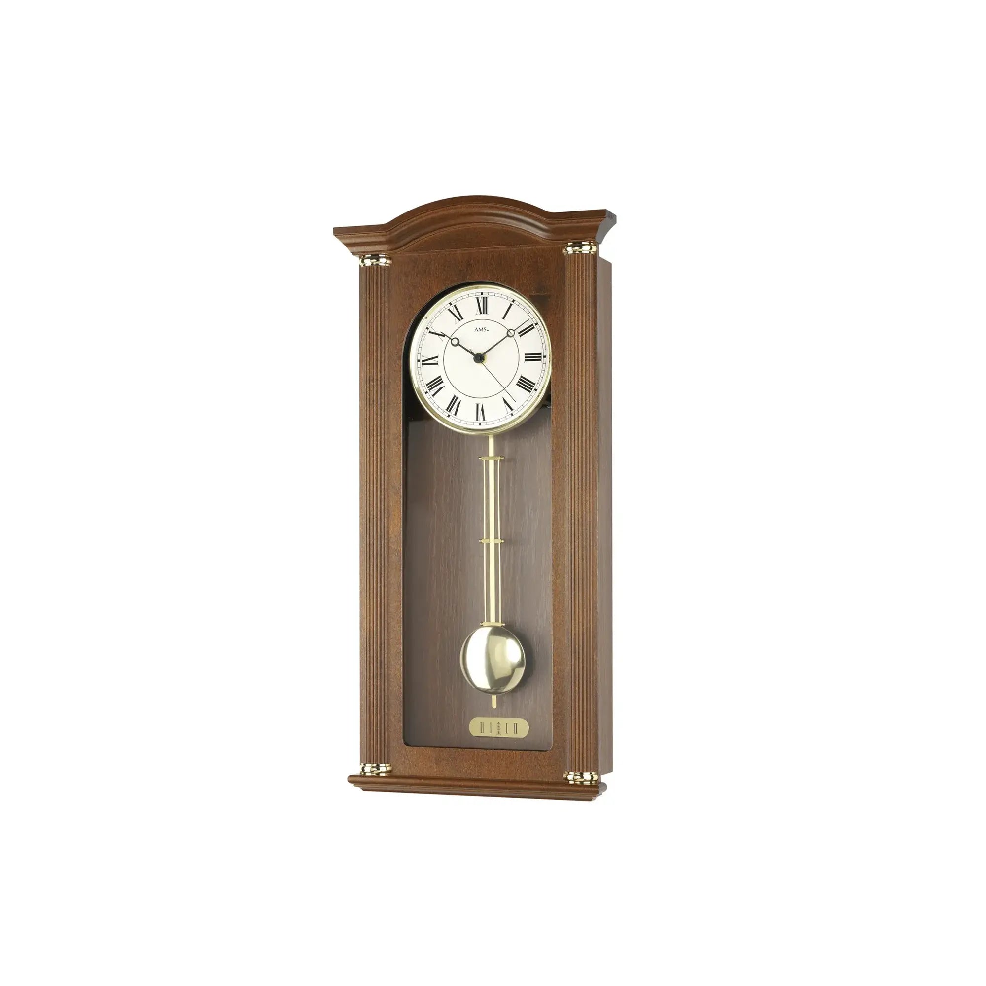 Wanduhr im Nussbaumdesign mit Zifferblatt und Pendel, rechteckiger Holzfront