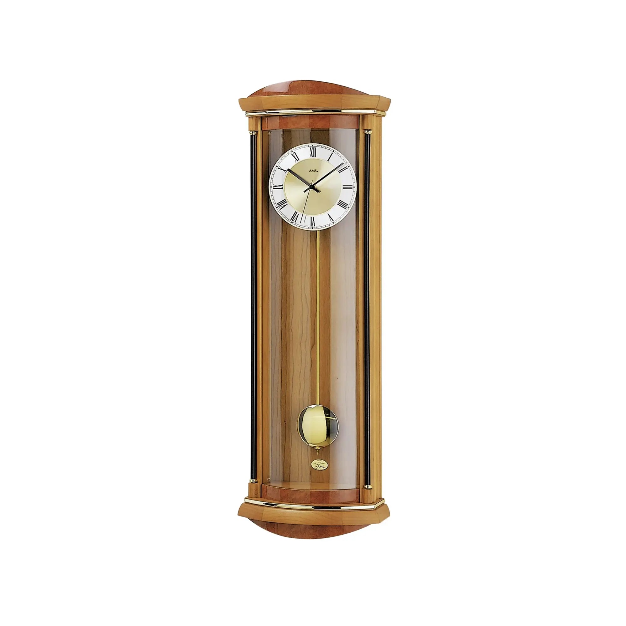 Wanduhr im Holzgehäuse mit Glasfront, rundem Zifferblatt und Pendelgewicht